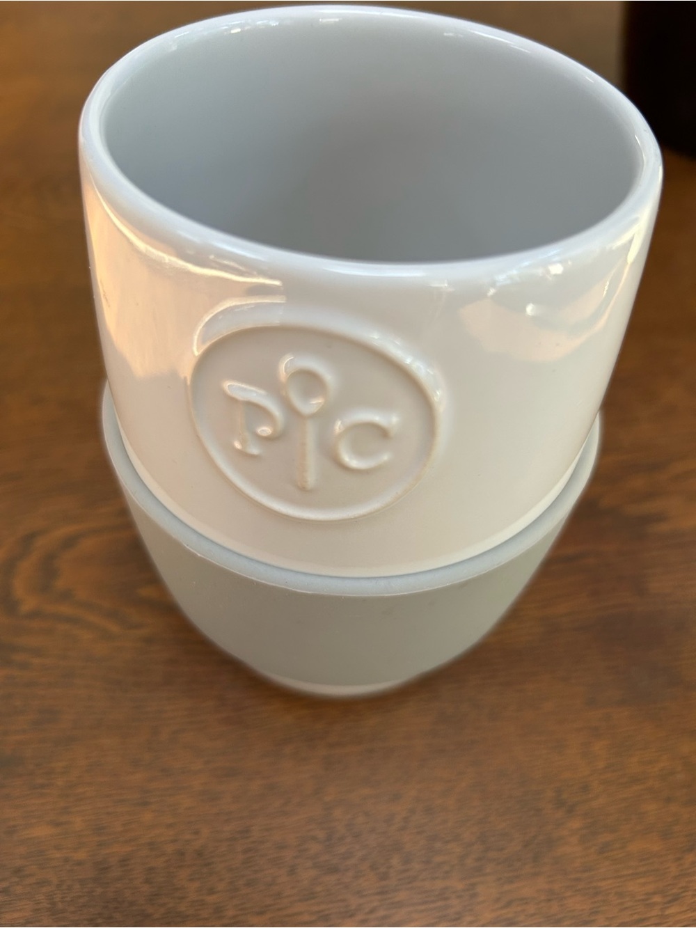 Pampered Chef White Ceramic Cup w/Embossed 'P|C' Logo, Gray Silicone Grip sleeve